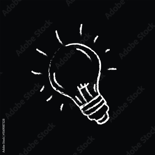 Chalk Drawing of Light Bulb Idea on Black Background Vector Illustration.