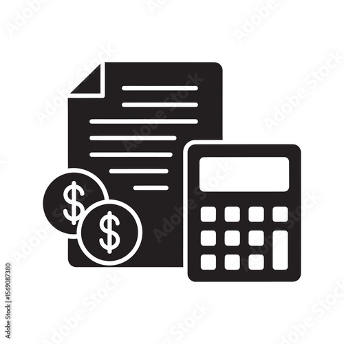 Financial calculation icon with a document coins and calculator for budgeting tax report accounting and expense management analysis vector solid glyph