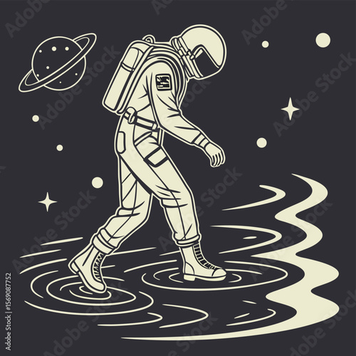Astronaut walking in water on a dark space background with planet and stars illustration design