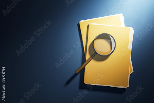 Photography Yellow file folder stack with magnifying glass under spotlight from top view on dark blue desk background symbolizing investigation or research concept