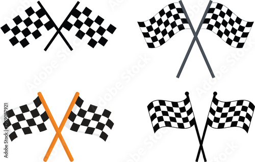 Four variations of crossed checkered flags on white background for racing events