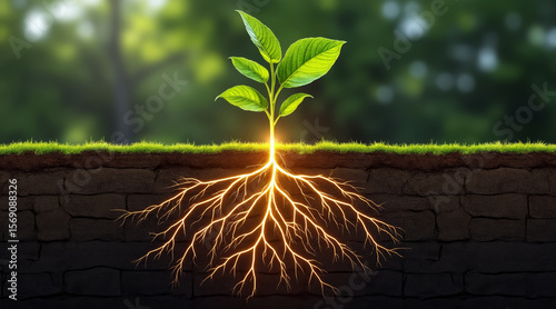Synthetic Biology concept ,Young green plant with glowing root system underground in soil with grass and blurred background