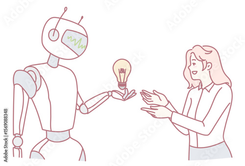 A robot and a woman exchange a lightbulb, symbolizing innovation and collaboration driving progress