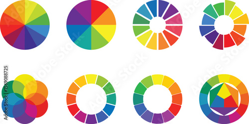 A set of colorful balloons isolated. Collection of Colorful Color Wheels and Color Theory Diagrams on White