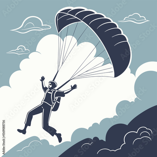 Illustration of a skydiver with a parachute against a cloudy blue sky and mountain landscape view