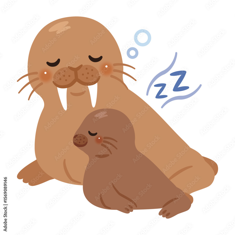 Fototapeta premium 眠るセイウチ親子のイラスト
