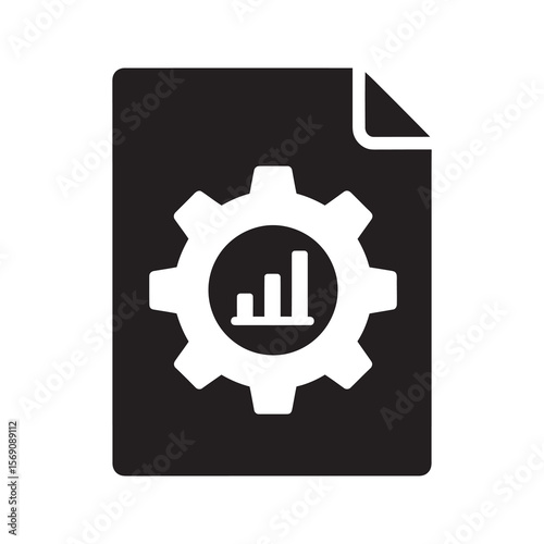 Operational performance report icon with a document showing a gear and bar chart for productivity metrics and technical system analytics vector solid glyph