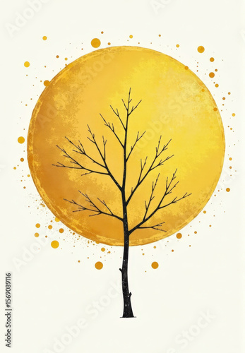 Bare Tree Silhouette with Yellow Circle and Dots