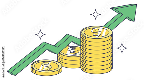 Finance Growth Vector – Rising Coins and Upward Arrow Illustration
