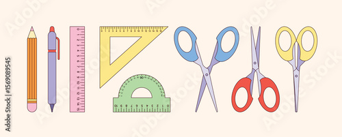 Pencil, Pen, Ruler, Triangle, Protractor, Scissors Set. School Stationery Items Isolated on Light Background. Flat Vector Illustration for Study, Supplies, Tools, Back to School Design