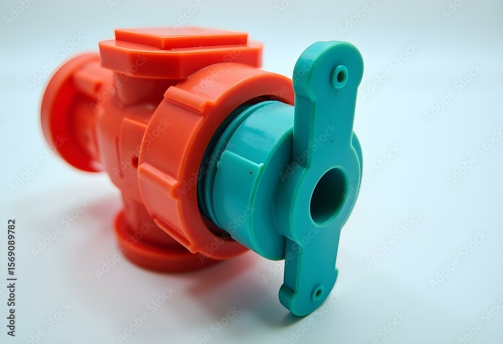 Fototapeta premium Red and Teal Plastic Valve Close-Up – Plumbing or Irrigation Control Component