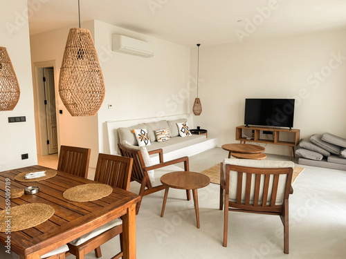 Modern living room with natural decor and comfortable seating in a cozy apartment