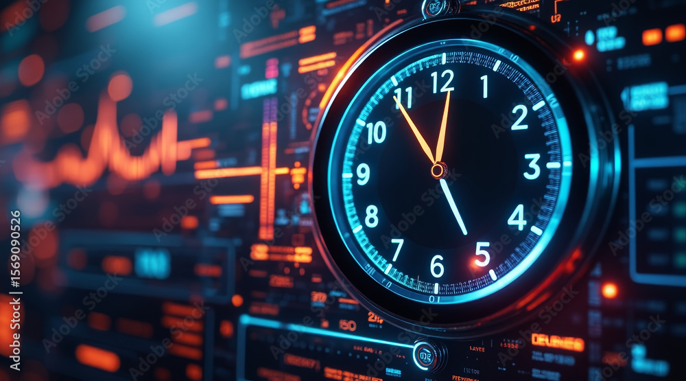 Fototapeta premium Digital clock display with futuristic interface and glowing blue and orange elements showing time and data