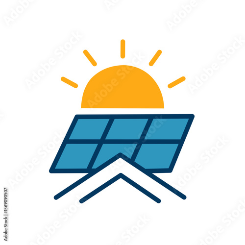 Solar panel roof top with sun - clean energy Vector logo