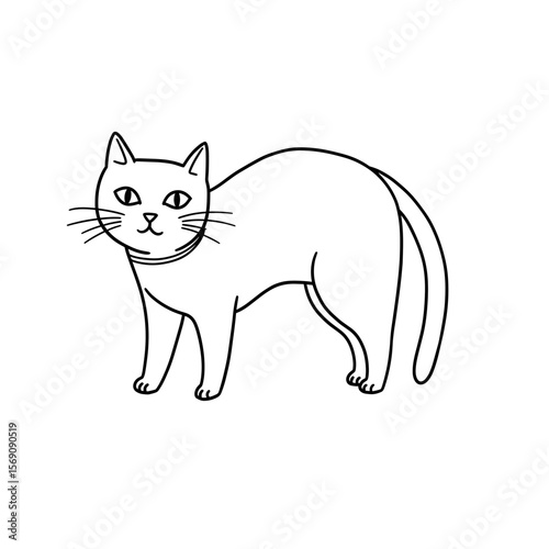 Cat standing with alert posture in simple line drawing style  
