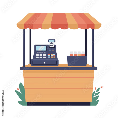 Cash register at outdoor stall under striped canopy with drinks  