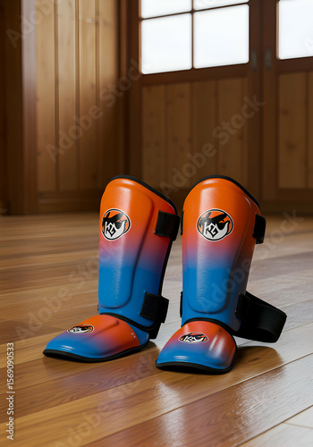 Pair of vibrant orange and blue ombre shin guards for a young athlete, resting on a wooden floor. Stylish athletic gear ready for kickboxing practice in a training room.