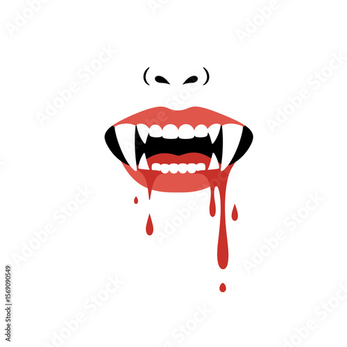 Vampire mouth with fangs and dripping blood on white background  