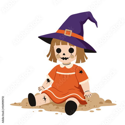 Creepy doll with cracked face sitting on ground in spooky attire  