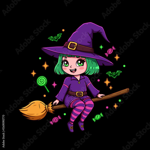 Cute cartoon witch sitting on broomstick with candy and bats  