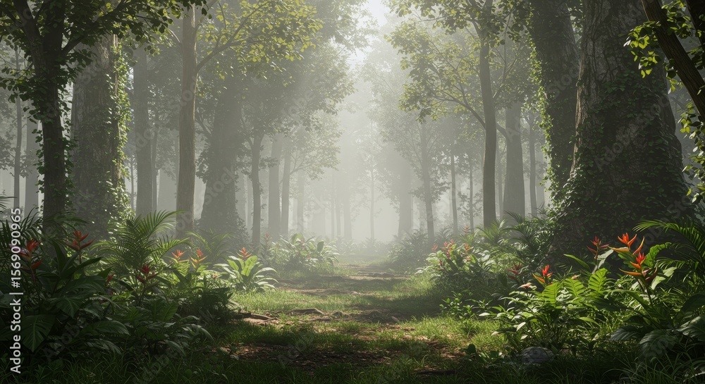 Obraz premium Misty Forest Trail on a Rainy Day