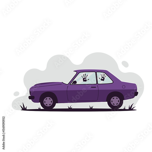Abandoned purple car with ghostly handprints on windows  