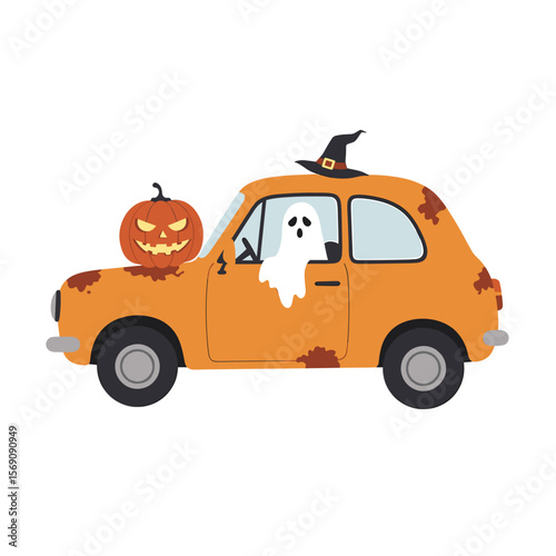 Cartoon ghost in an orange car with pumpkin and witch hat  