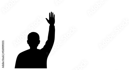 Silhouette of a person raising hand against a white background  
