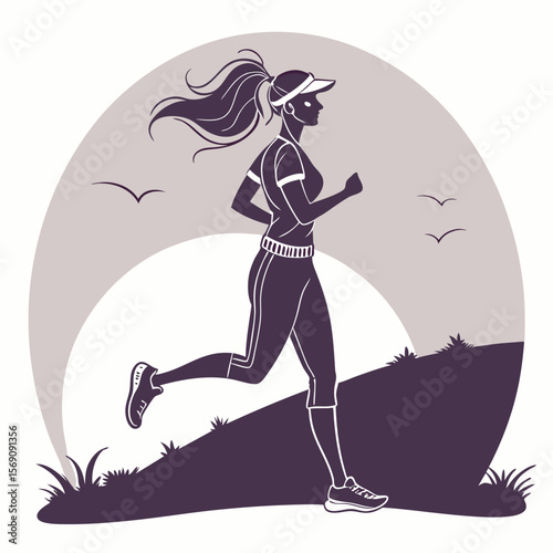 Silhouette of a woman jogging outdoors with birds flying in the background on a sunny day scene