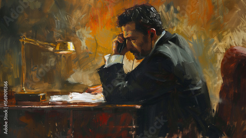 A man deeply engaged on a phone call, appearing focused and busy, possibly handling important work or personal matters in a professional or everyday setting.