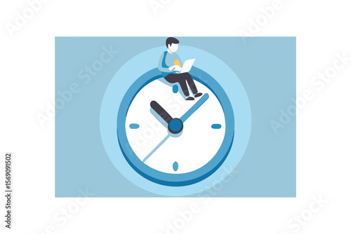 Person working on laptop while sitting on a large clock face