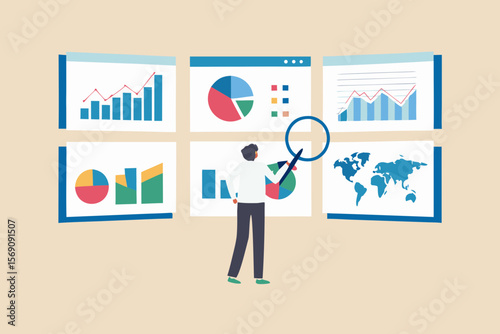 Man analyzing financial data charts and world map on screens with magnifying glass