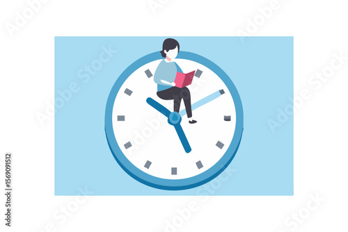Person sitting on clock hands reading a book representing time for learning