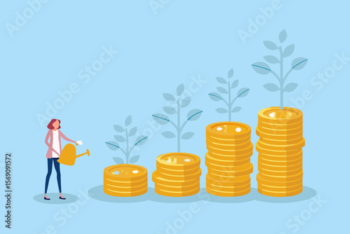 Woman watering stacks of coins symbolizing financial growth and investment