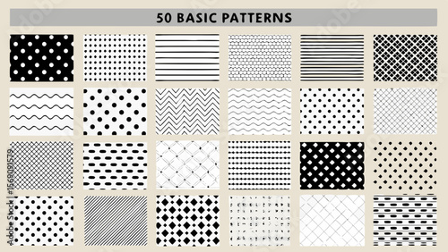 Collection of fifty basic hand drawn black and white geometric patterns