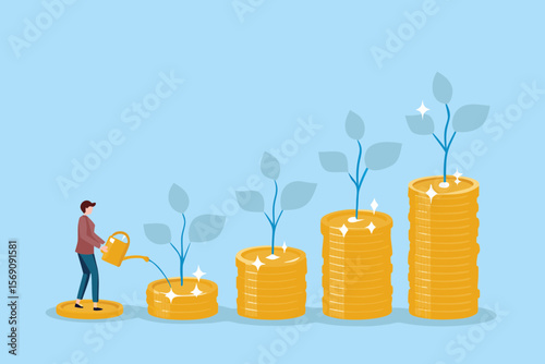Person watering growing money plants on stacks of coins symbolizing financial growth