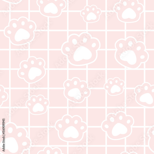 Seamless vector pattern of cute white cat paw prints on a pastel pink grid. Perfect for kids’ products, pet designs, textiles, and kawaii-themed backgrounds.