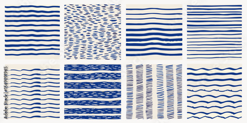 Collection of abstract blue and cream graphic patterns with wavy lines and dots
