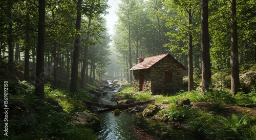 Secluded Stone Cottage in a Misty Forest