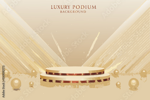 Elegant gold podium with abstract background and decorative spheres for luxury product display