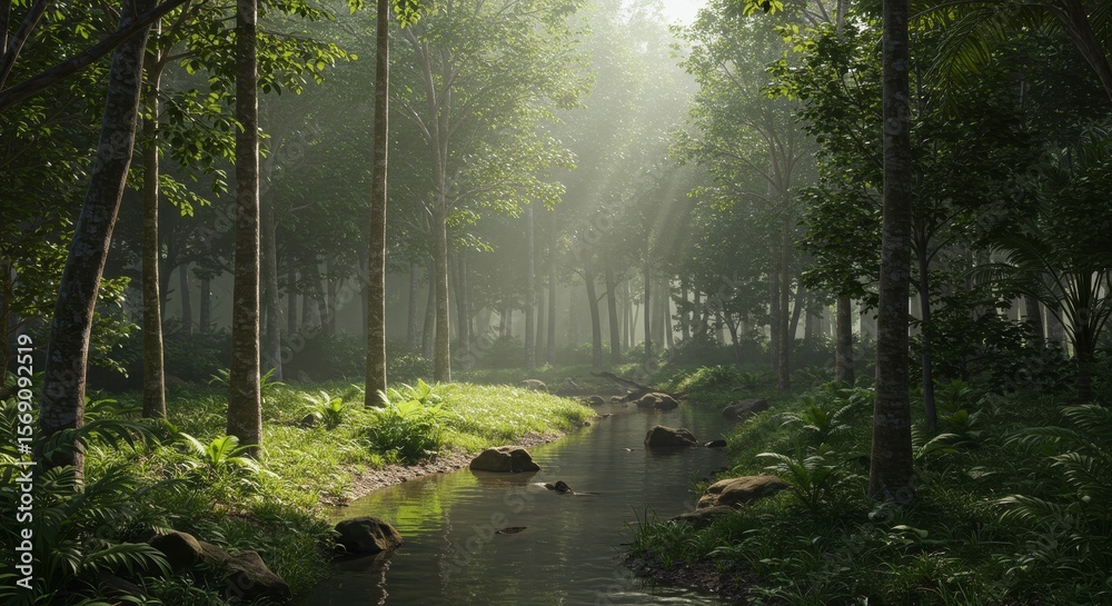 Obraz premium Misty Forest Trail on a Rainy Day