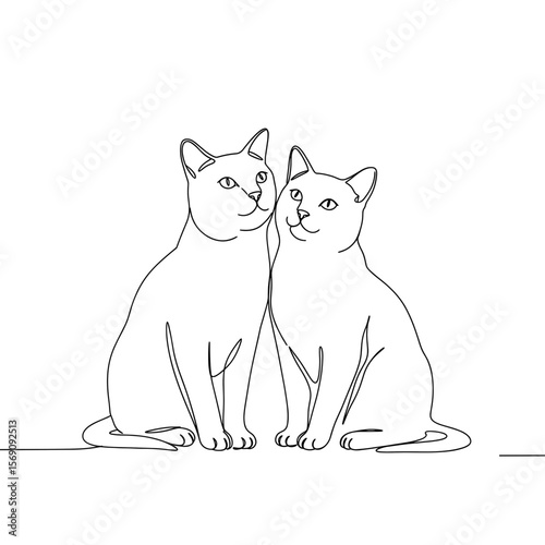 Two cats sitting side by side in minimalist line art style  