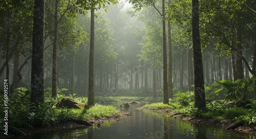 Sunlit Path Through Misty Green Forest