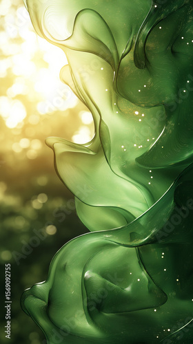 Abstract green fluid art with light reflecting and translucent waves, ethereal and dynamic, suggestive of movement and nature.