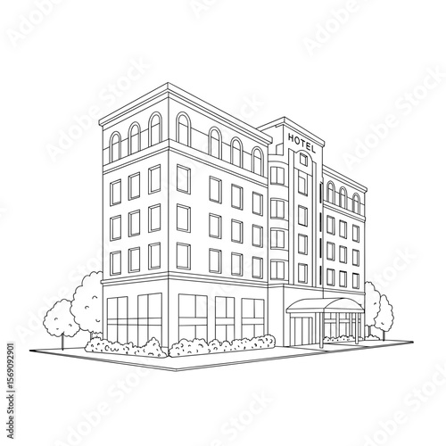 Outline illustration of a modern hotel building with entryway  