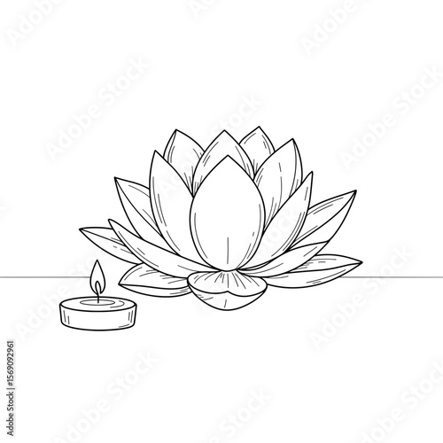 Lotus flower with candle in minimalist line drawing style  