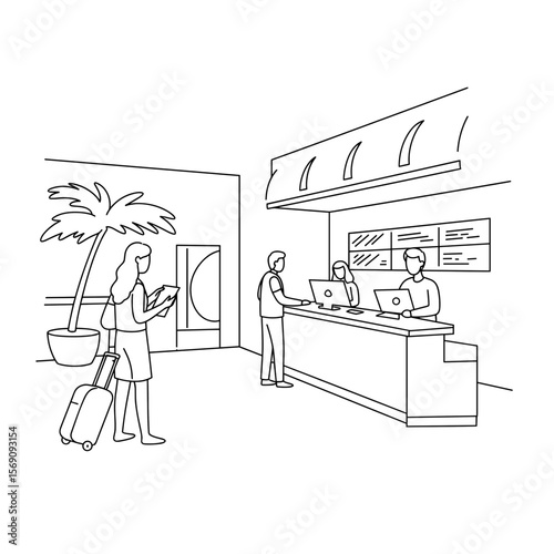 Line drawing of hotel reception with guests checking in and palm tree  