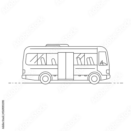 Line art of a public transport bus with open doors and empty seats  
