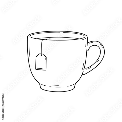 Simple line drawing of a cup of tea with a teabag  