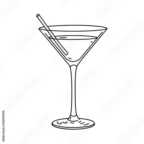 Hand-drawn martini glass with straw on white background  